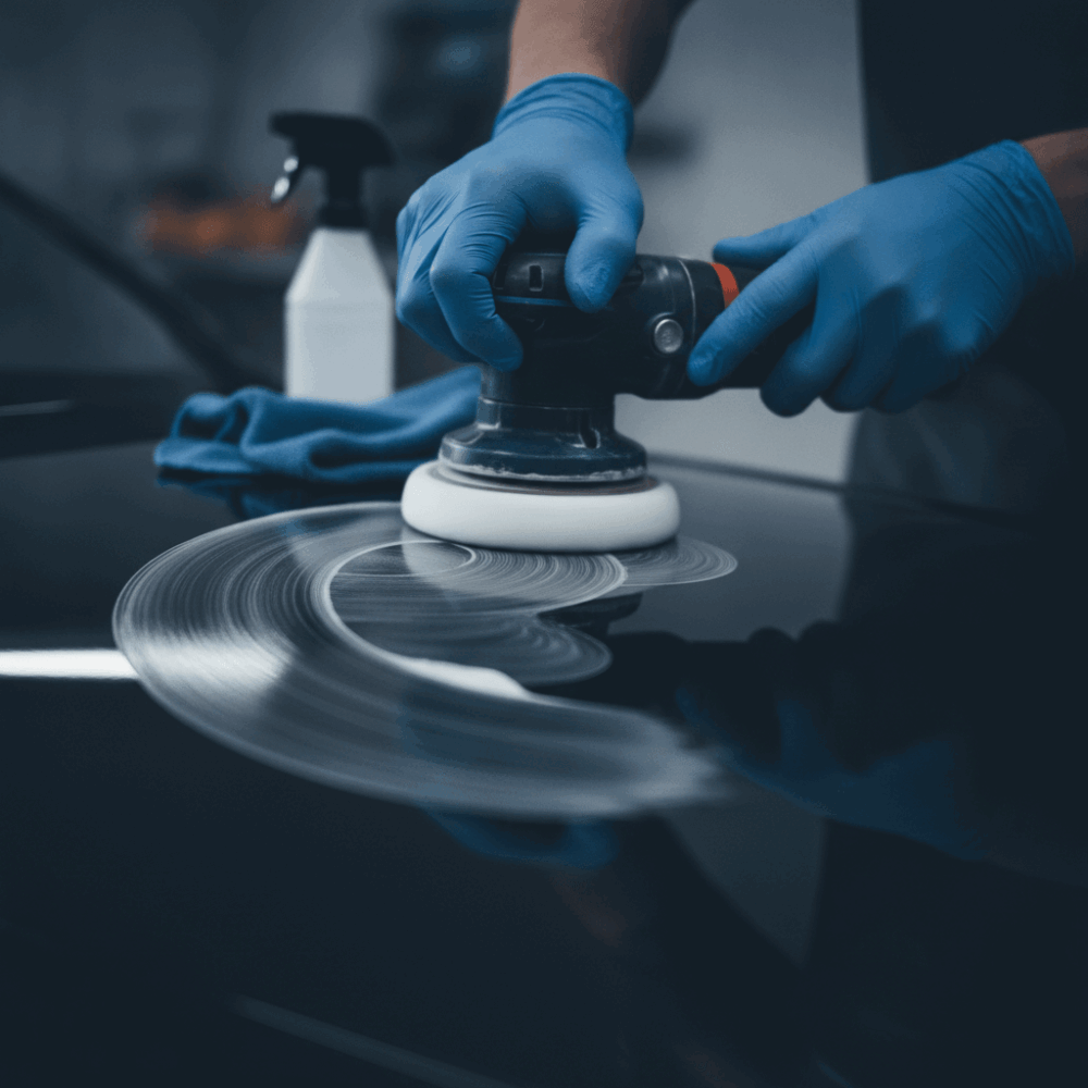 Professionnel appliquant une pâte de polissage sur carrosserie automobile avec polisseuse orbitale