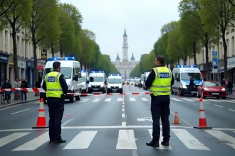 Policiers en gilets jaunes déviant la circulation à un carrefour urbain de Chambéry après un accident impliquant un usager vulnérable de la route