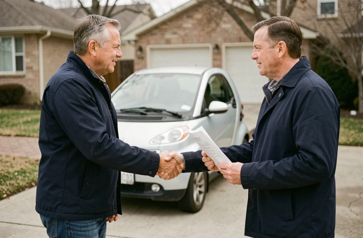 Achat d'une voiture sans permis entre particuliers, poignée de main lors de la transaction avec documents de vente