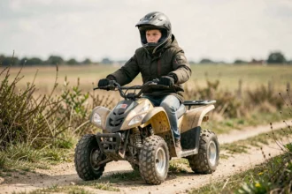 Adolescent casqué assis sur un quad 50 cm3 sur un chemin de terre à la campagne