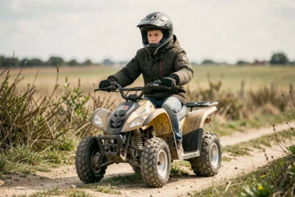 Adolescent casqué assis sur un quad 50 cm3 sur un chemin de terre à la campagne