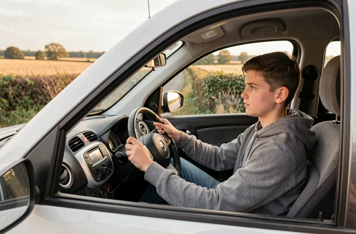 Adolescent au volant d'une mini voiture sans permis sur une route de campagne française
