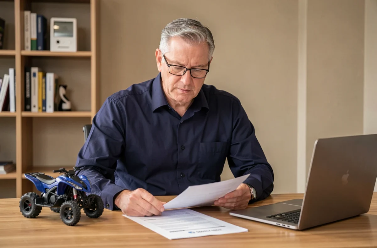 Agent d'assurance examinant un contrat pour un quad 50 cm3 dans un bureau moderne