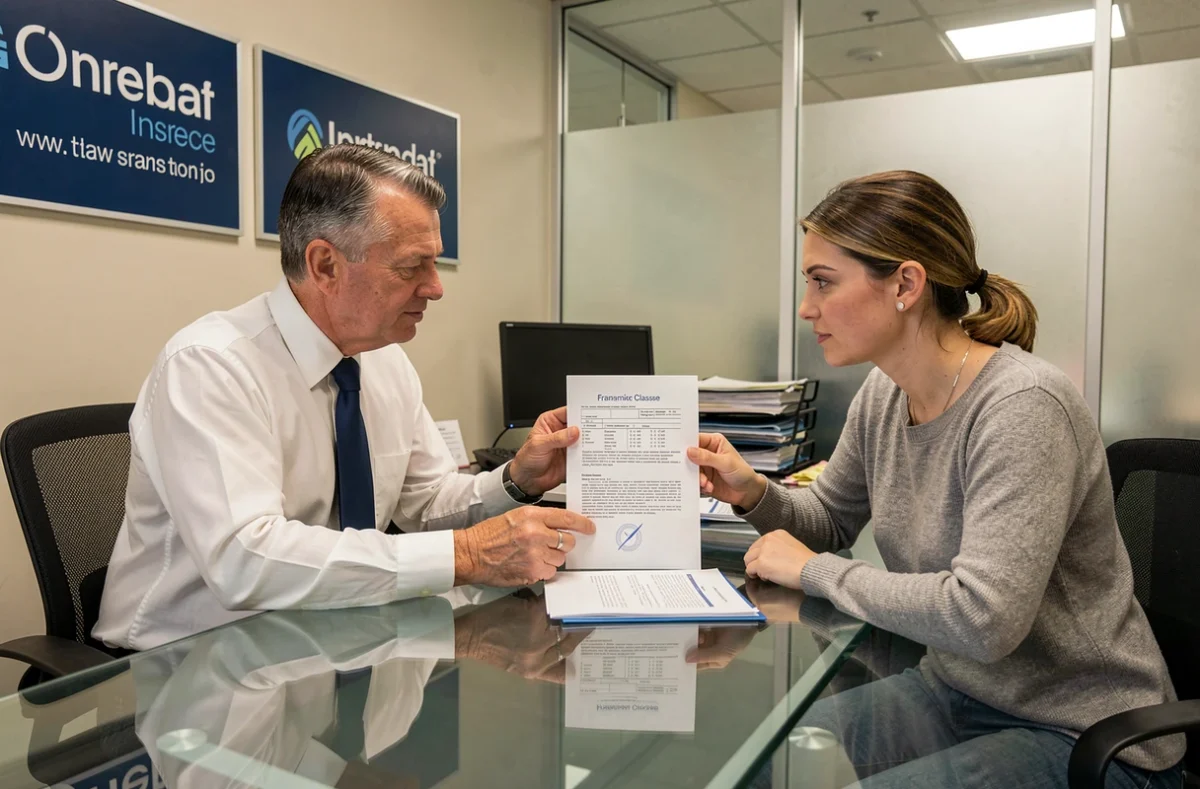 Agent d'assurance expliquant la franchise d'un contrat auto à une cliente dans un bureau d'agence
