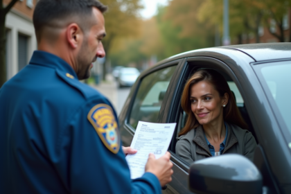 Agent de police contrôlant un conducteur en ville