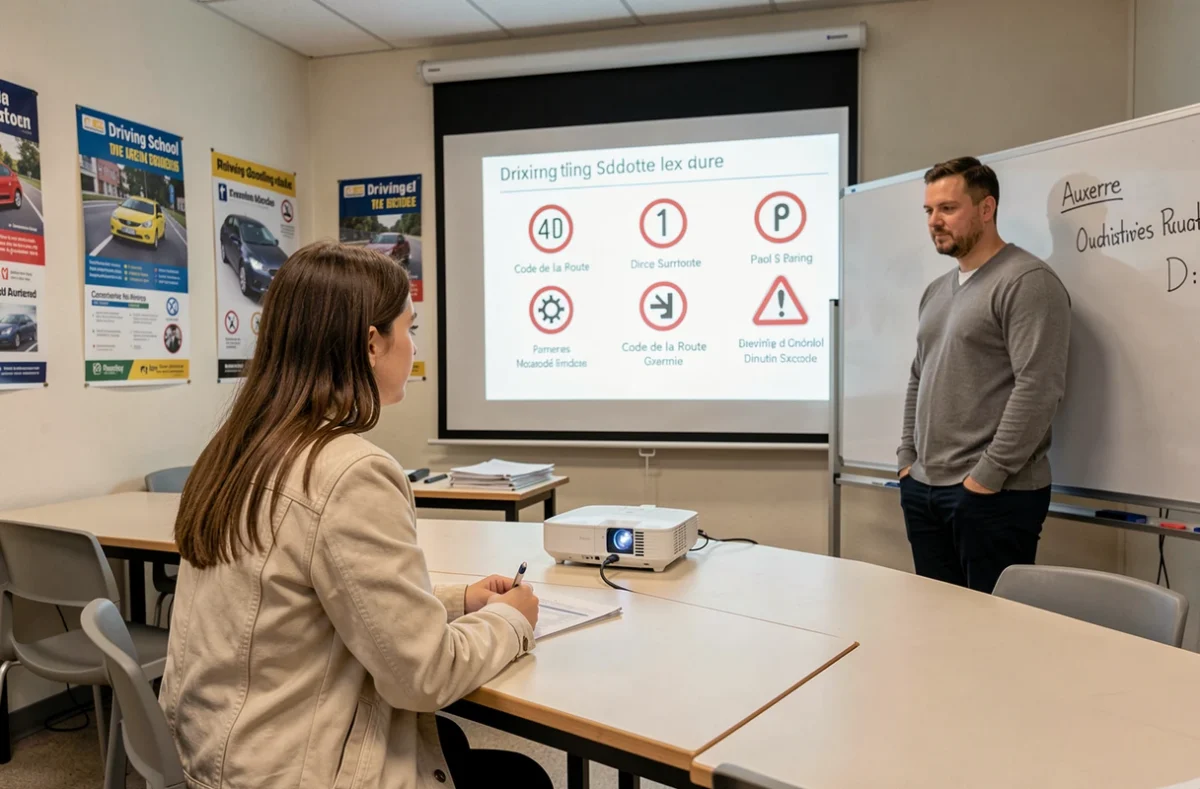 Élève en cours de code de la route dans une salle de formation de l'auto-école AJ Maillot près d'Auxerre
