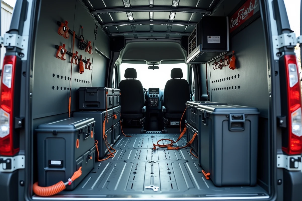 Vue intérieure complète d'un Renault Master aménagé avec arrimage au sol et rangements muraux professionnels