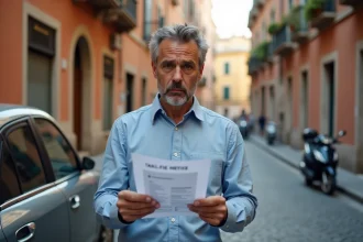 Homme tenant une amende de circulation italienne devant sa voiture dans une rue pavée de Rome