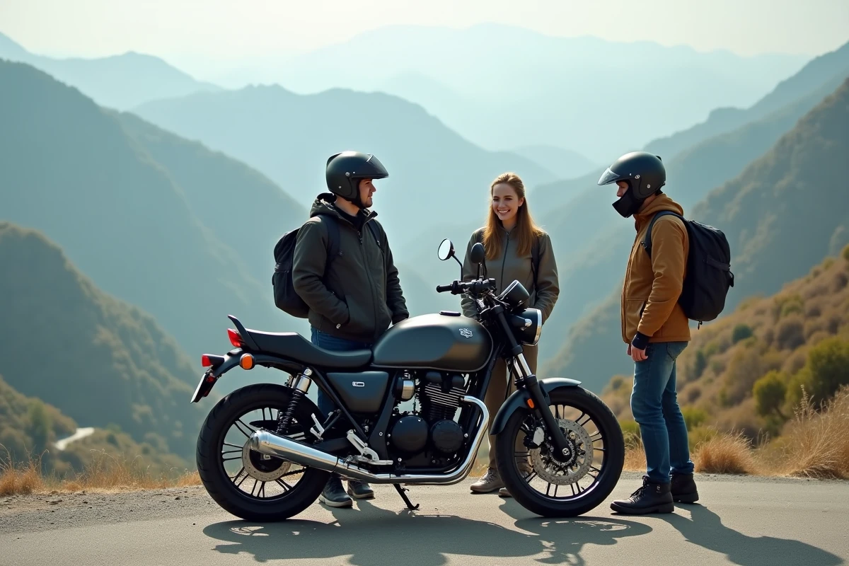 Trois amis autour d une moto CB Boldor 900 en montagne