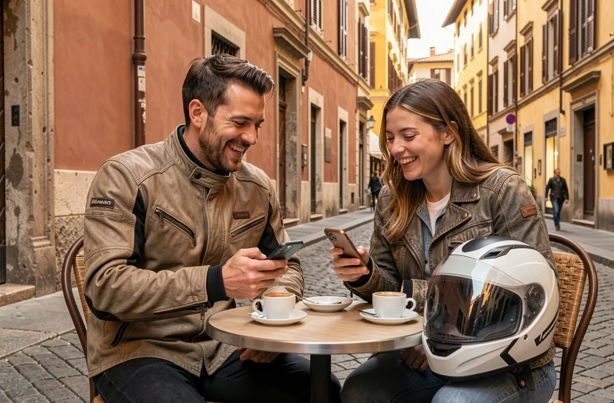 Deux amis motards en tenue de voyage assis à une terrasse de café milanais, casques sur la table, riant en regardant des photos sur smartphone, avec l'architecture italienne en arrière-plan lors d'un road trip pour le salon moto de Milan 2026