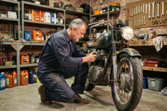 Homme inspectant sa moto dans un garage privé bien équipé, illustrant la nécessité d'une assurance garage moto adaptée