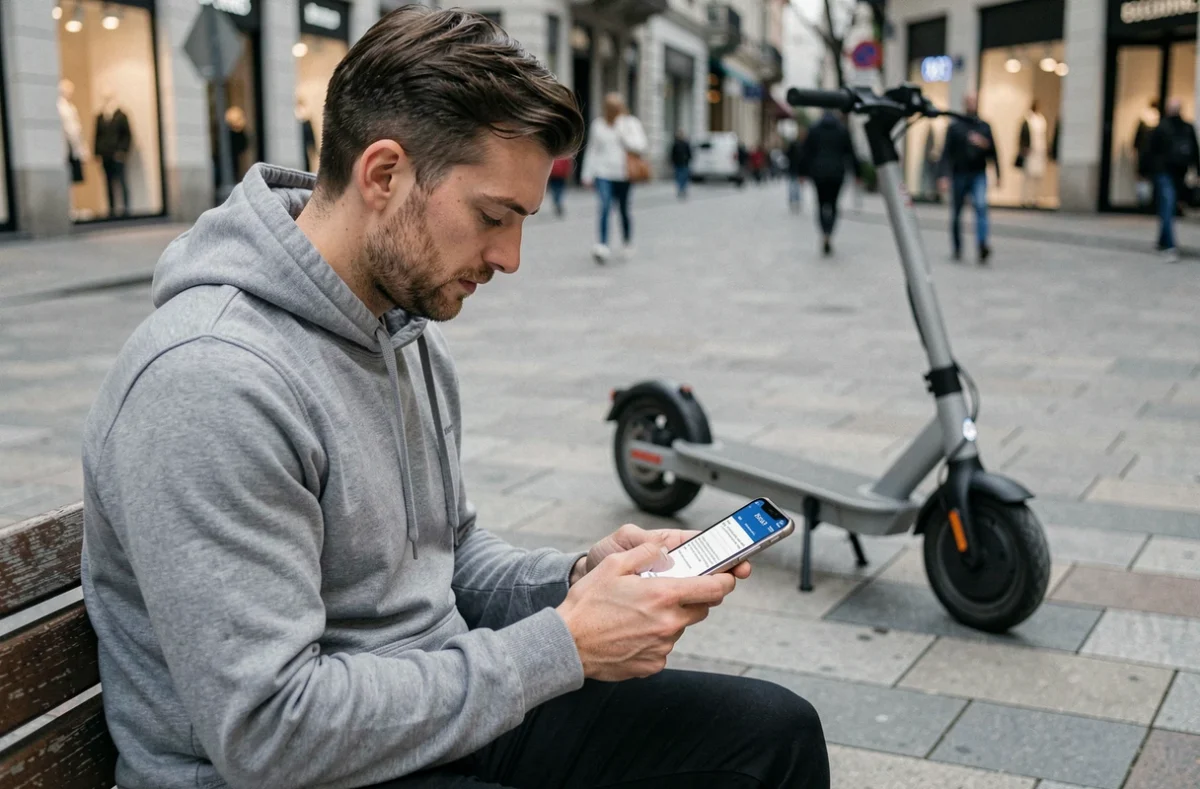 Homme souscrivant une assurance scooter en ligne sur smartphone dans une place urbaine avec un scooter électrique en arrière-plan