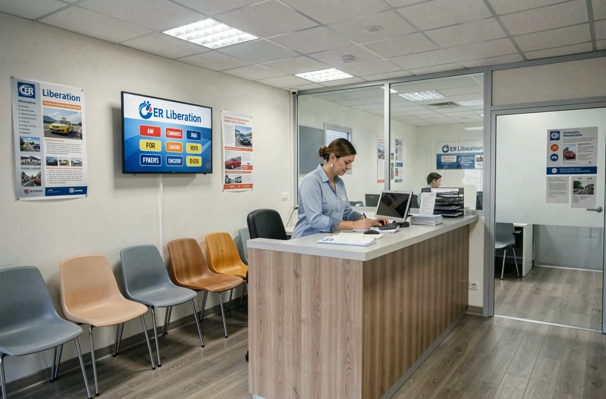 Bureau d'accueil de l'Auto Ecole C.E.R Libération à Nice avec une conseillère administrative