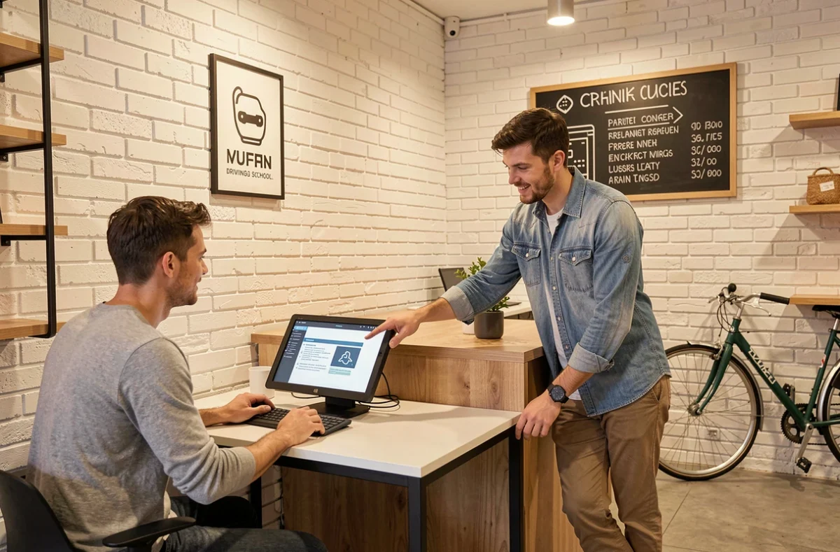 Intérieur moderne de l'Auto Ecole Le Local à Nice avec un élève en cours de code de la route