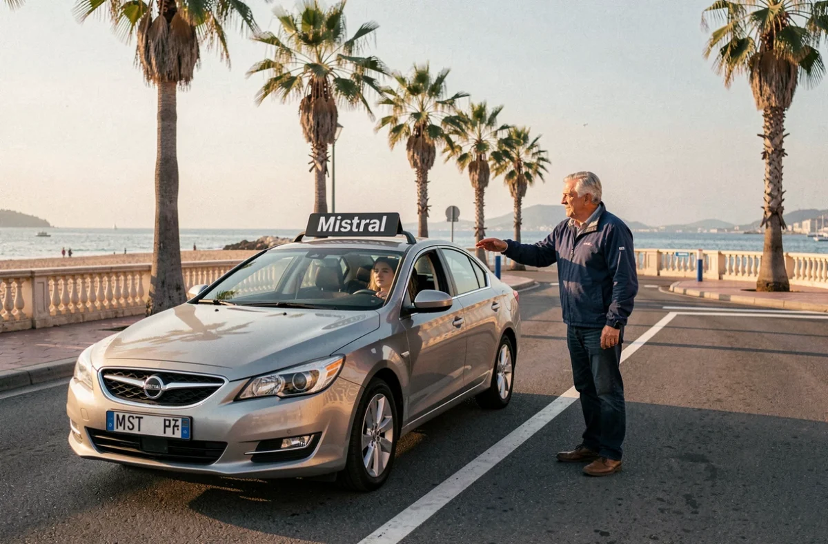 Leçon de conduite de l'Auto Ecole Mistral le long de la Promenade des Anglais à Nice