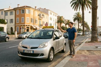 Vue d'ensemble d'une auto-école à Nice avec une voiture d'apprentissage garée sur un boulevard méditerranéen