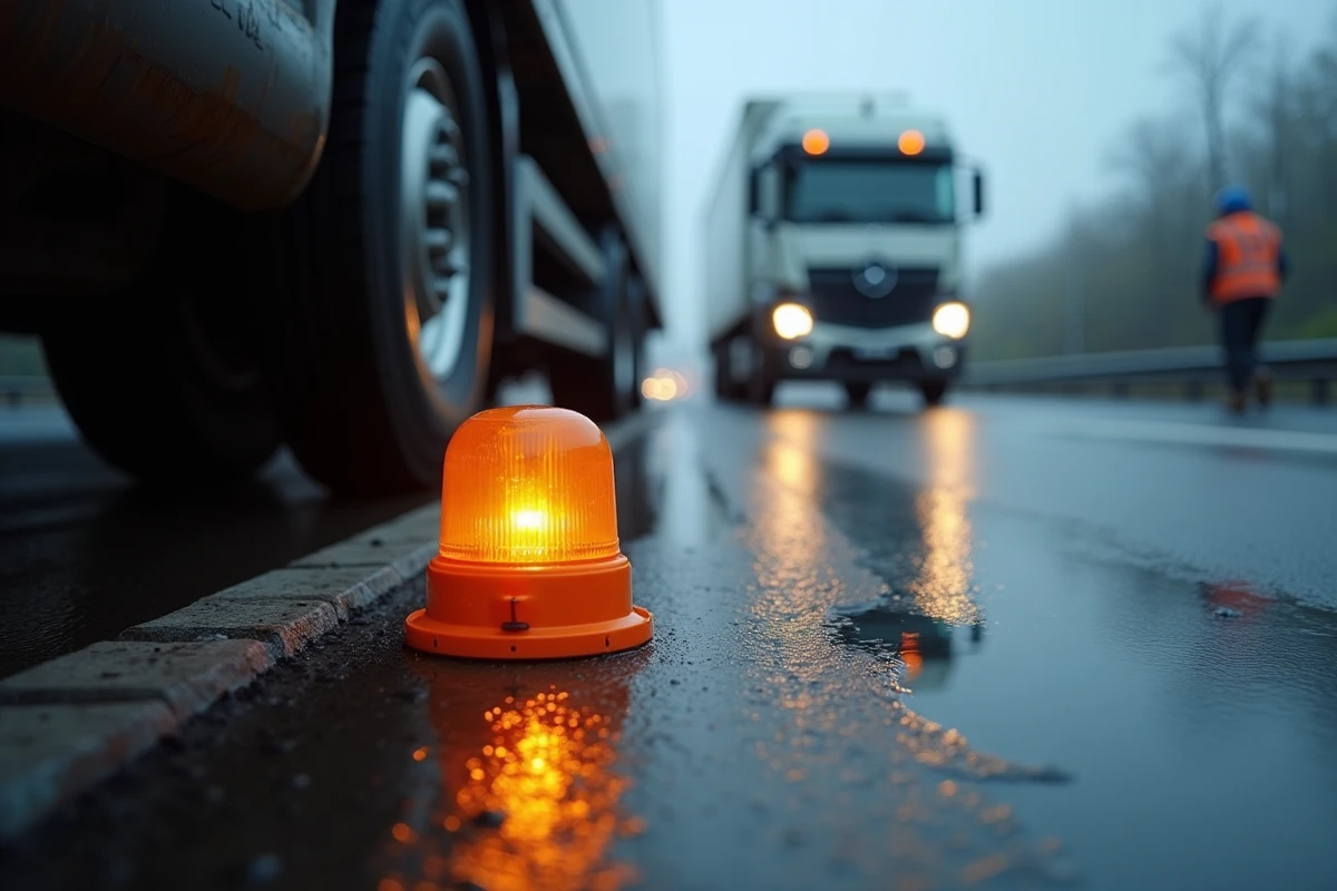 Gros plan d'une balise V-16 clignotante posée sur la chaussée mouillée derrière un camion de livraison d'entreprise