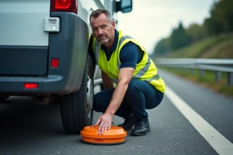 Responsable de flotte plaçant une balise lumineuse V-16 derrière un véhicule utilitaire sur l'accotement d'une autoroute