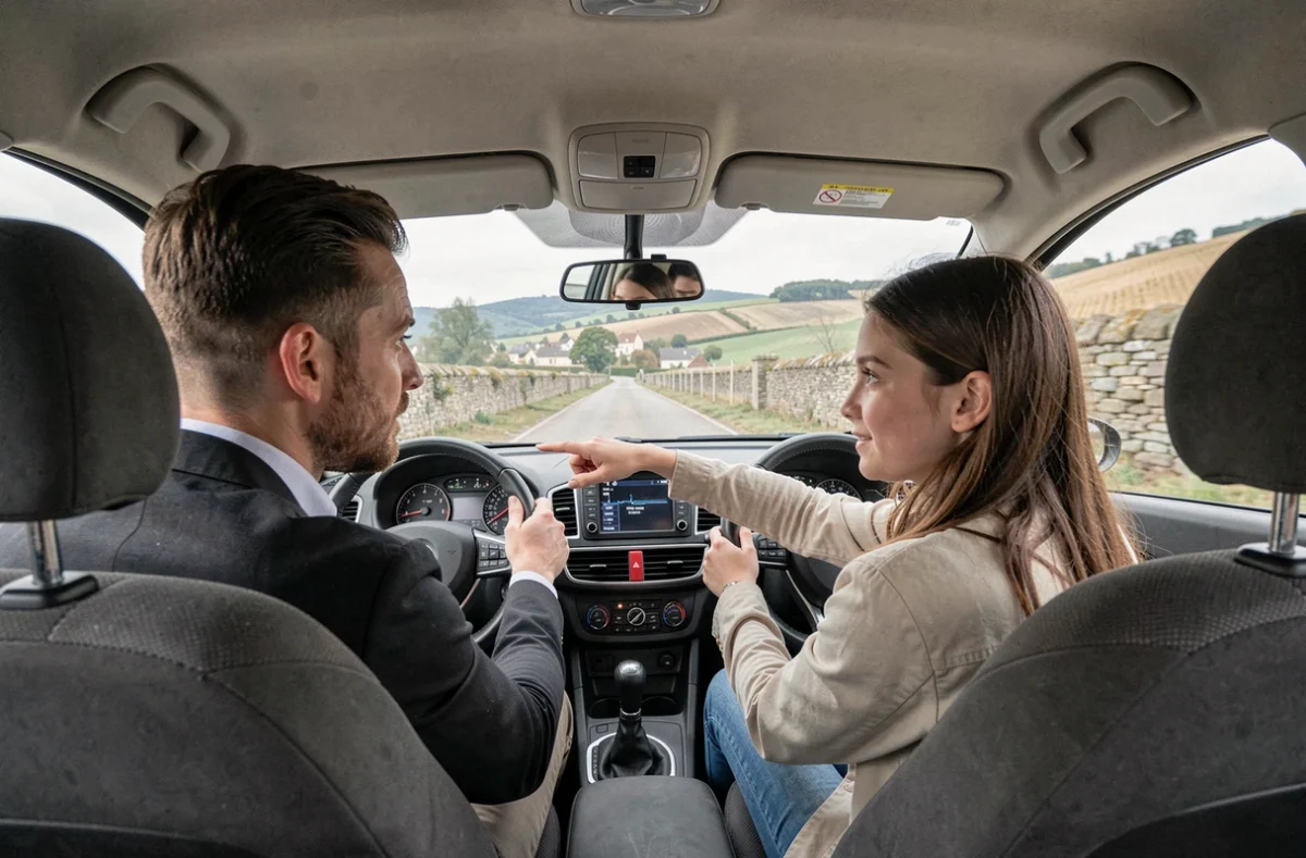 Moniteur d'auto-école et élève conductrice en leçon de conduite sur une route autour d'Avallon dans l'Yonne