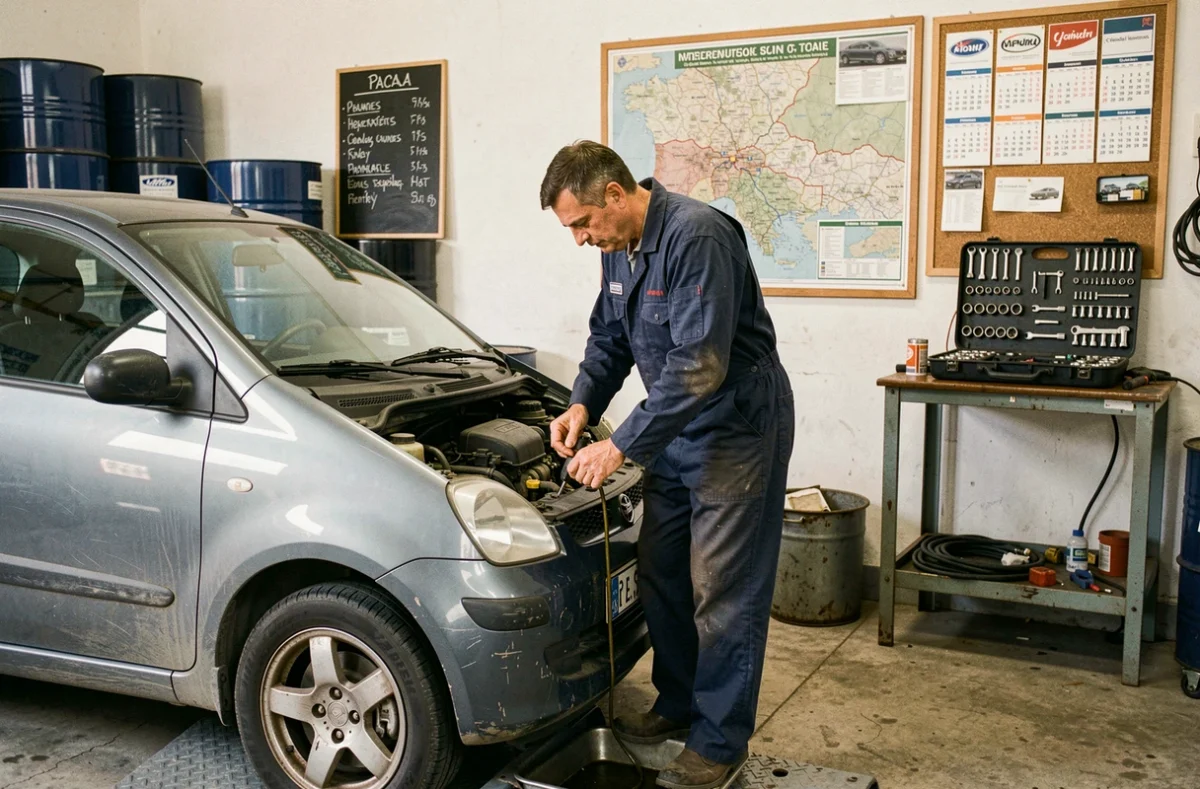 Mécanicien indépendant de BF Services effectuant une vidange sur une voiture compacte dans son garage de la région PACA