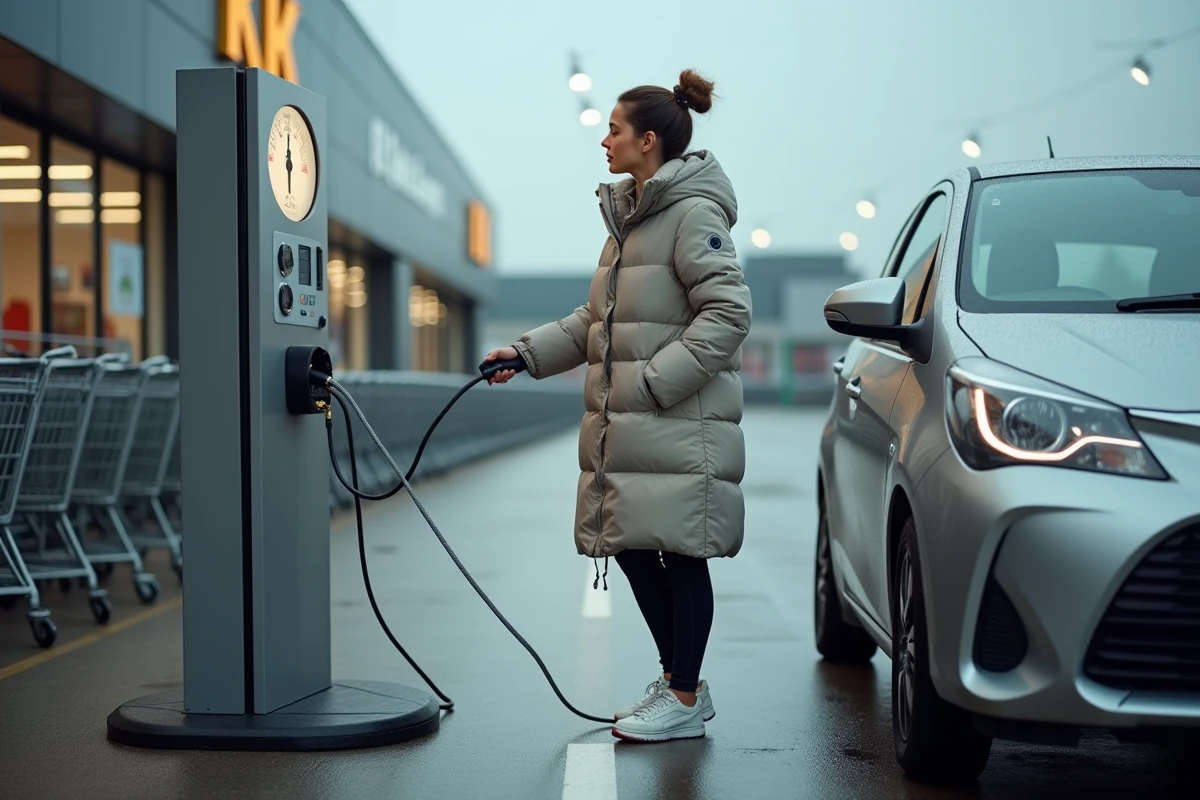 Femme utilisant une borne de gonflage de pneu en libre-service dans un parking de supermarché
