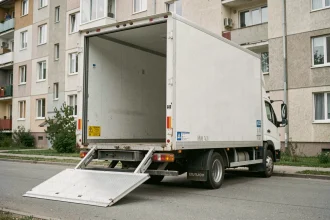Camion de déménagement 20m3 avec hayon hydraulique abaissé devant un immeuble résidentiel