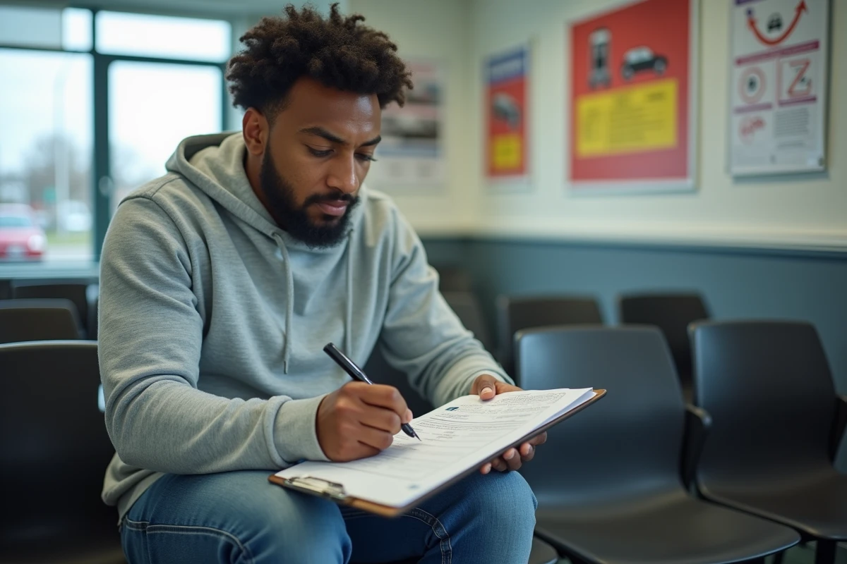 Candidat au permis de conduire remplissant un formulaire administratif dans une auto-école pour retrouver son numéro NEPH