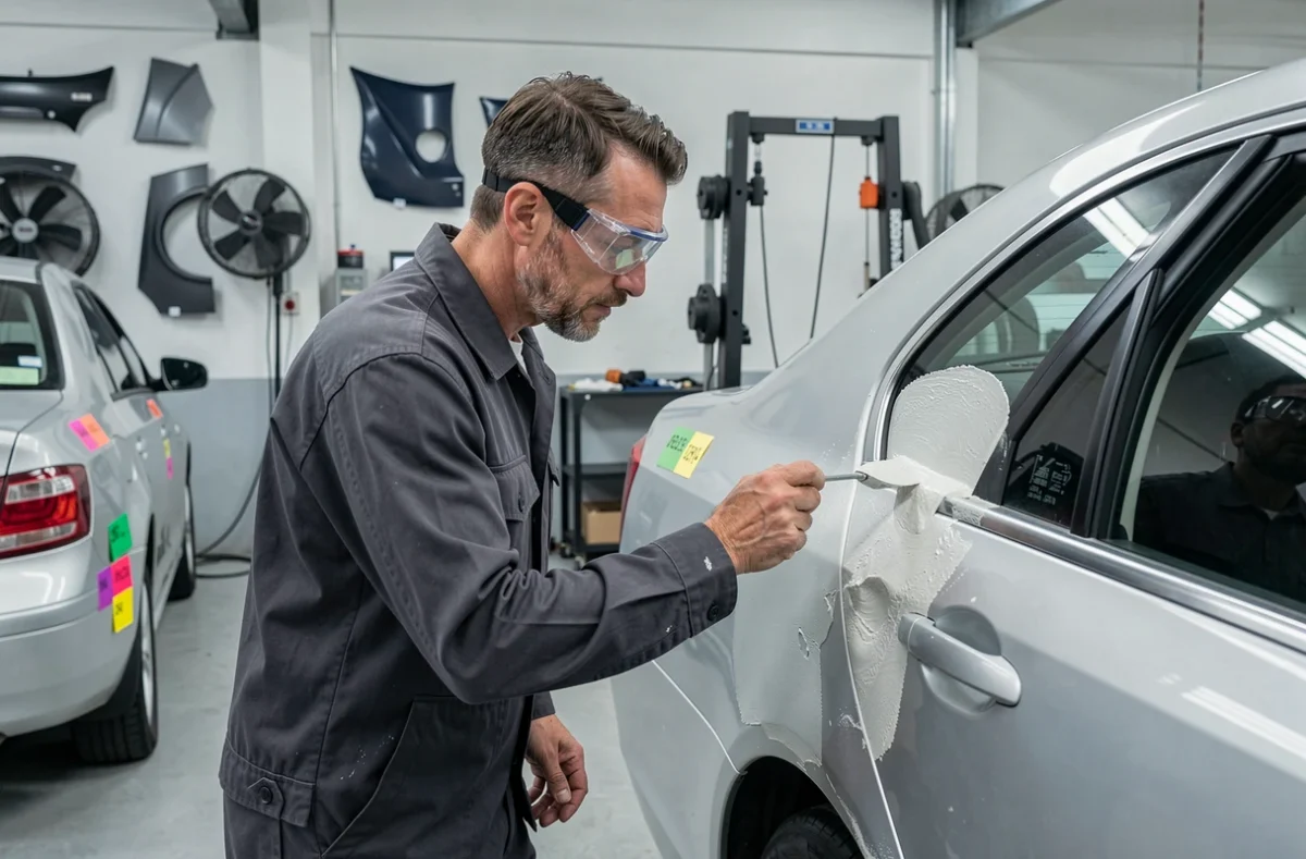 Spécialiste carrosserie de Carrosserie CTBL Giordano appliquant un enduit de réparation sur la carrosserie d'une berline