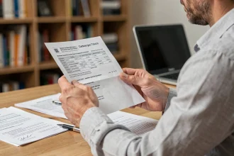 Homme tenant une carte grise française avec les champs administratifs visibles, posé sur un bureau en bois