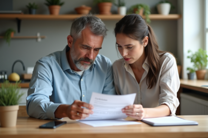 Homme et femme discutent certificat de cession dans la cuisine