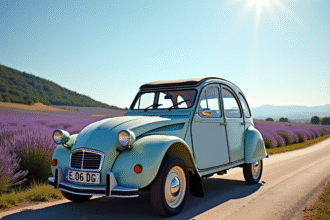 Citroën 2CV en Provence avec champs de lavande en fleurs