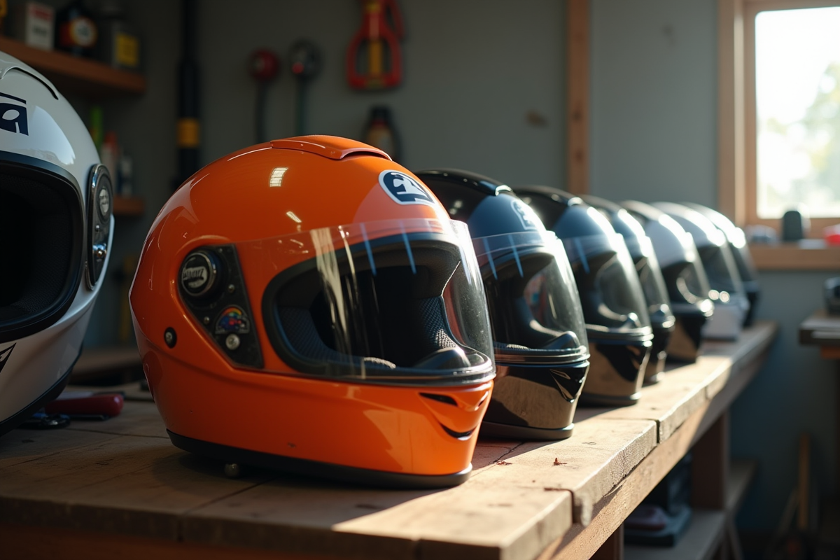 Gamme de casques moto colorés sur une table en atelier
