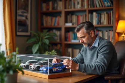 Homme moyenâgeux arrangeant des miniatures Subaru rally dans une vitrine