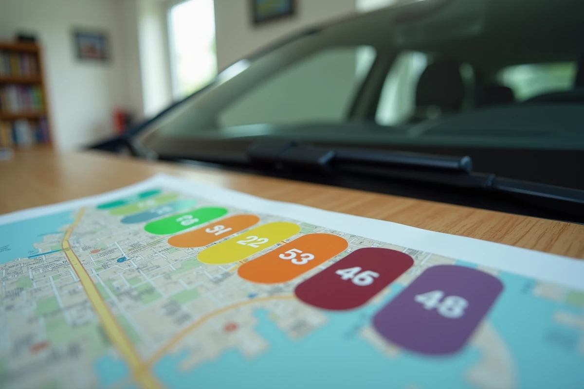 Collection de vignettes Crit'Air de différentes couleurs et catégories posées sur une carte de circulation urbaine