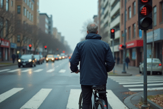 Homme en veste marine près de son vélo devant un feu rouge défectueux
