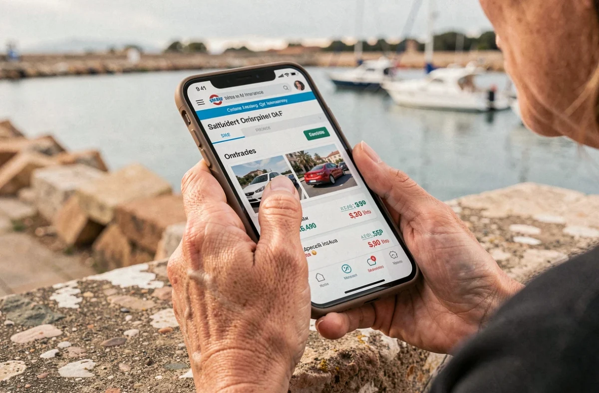 Femme comparant des offres d'assurance auto sur smartphone au bord de l'étang de Berre à Martigues