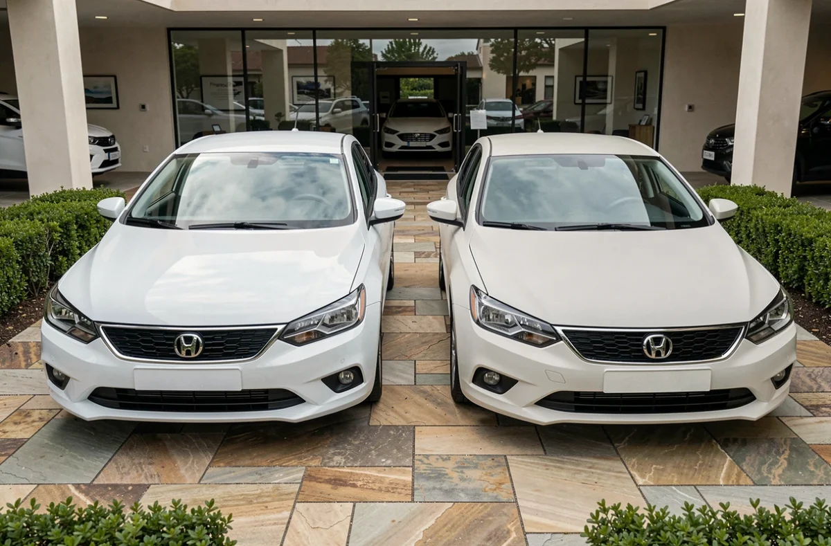Comparaison côte à côte d'une carrosserie blanche brillante et d'une carrosserie blanche mate sur deux hatchbacks identiques