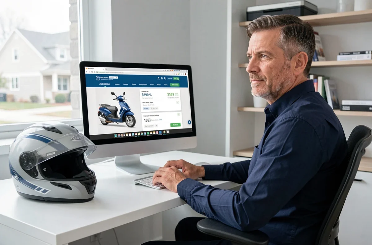 Homme comparant des devis d'assurance scooter en ligne sur un ordinateur de bureau dans un bureau à domicile moderne avec un casque de moto posé sur le bureau