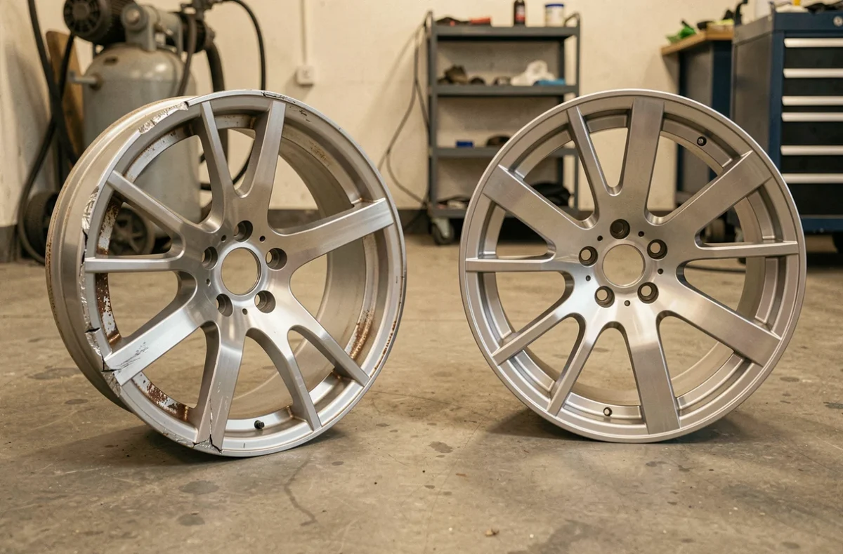 Comparaison avant après d'une jante aluminium endommagée et d'une jante réparée posées sur le sol d'un atelier