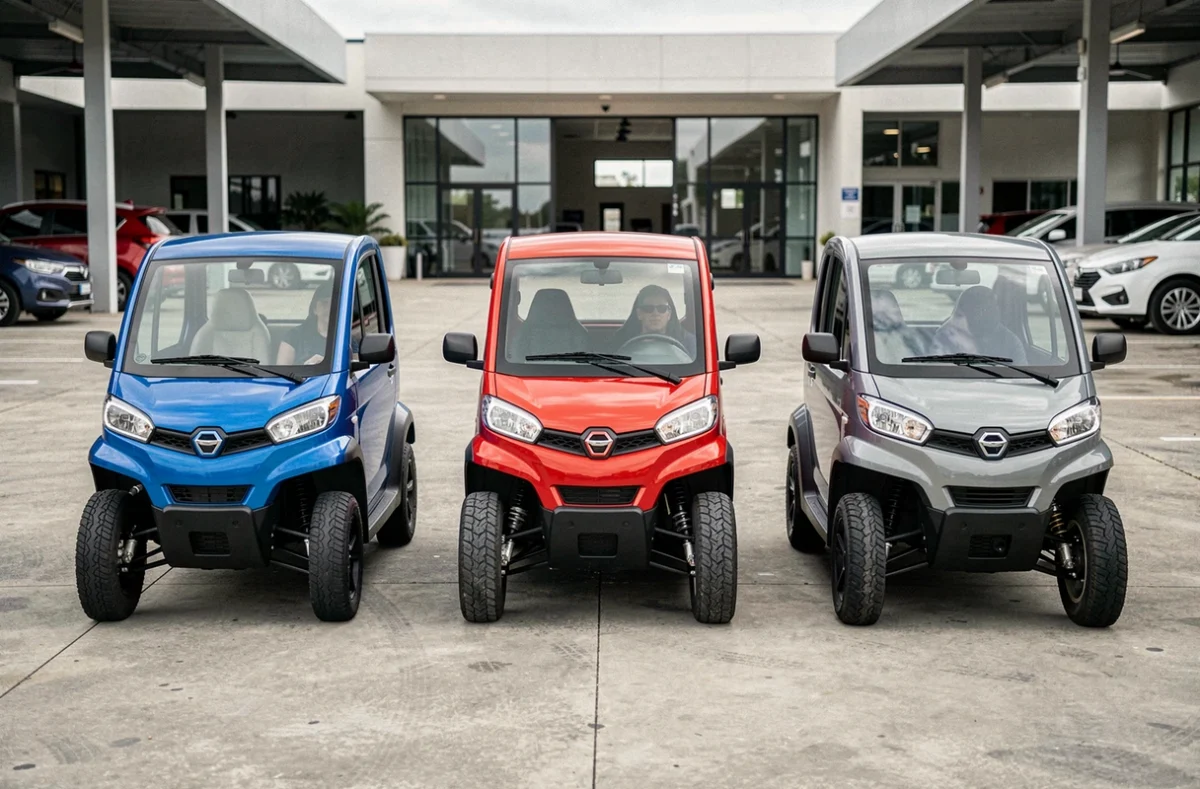 Comparaison de trois modèles de voiturettes électriques dans un showroom extérieur