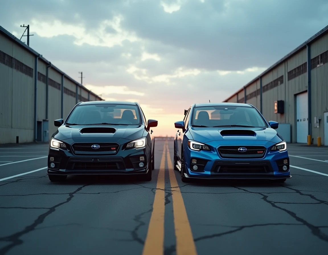 Subaru Impreza WRX et STI côte à côte sur parking industriel, comparaison des deux moteurs turbo