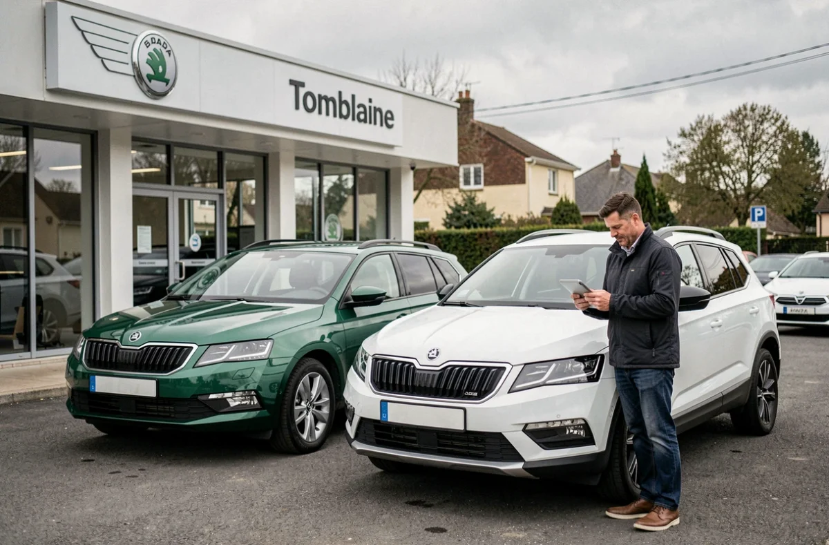 Parvis du concessionnaire Skoda à Tomblaine avec deux modèles exposés et conseiller commercial