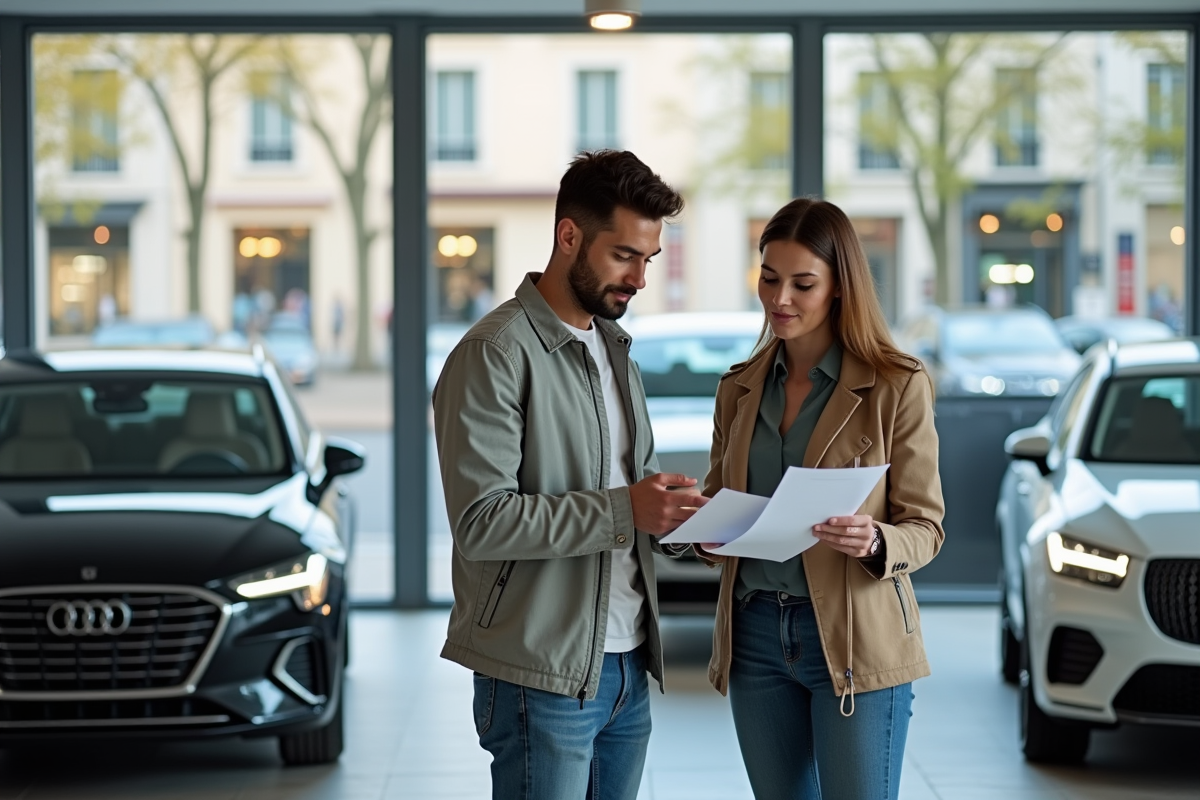 Homme et femme discutent de documents dans un showroom moderne
