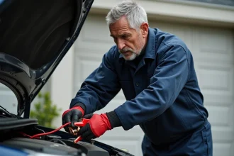 Homme en combinaison de mécanicien connectant des pinces de batterie voiture avec des gants de protection dans une allée résidentielle