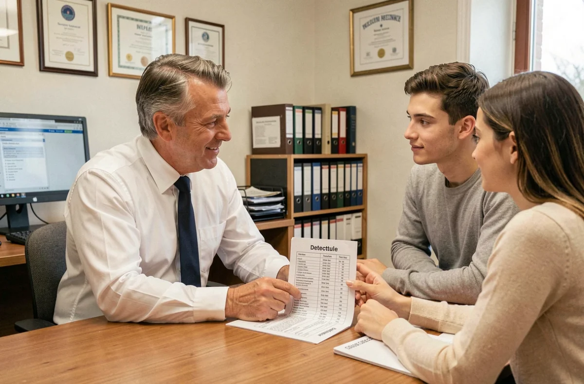 Conseiller expliquant les options de franchise d'assurance automobile à un couple en agence
