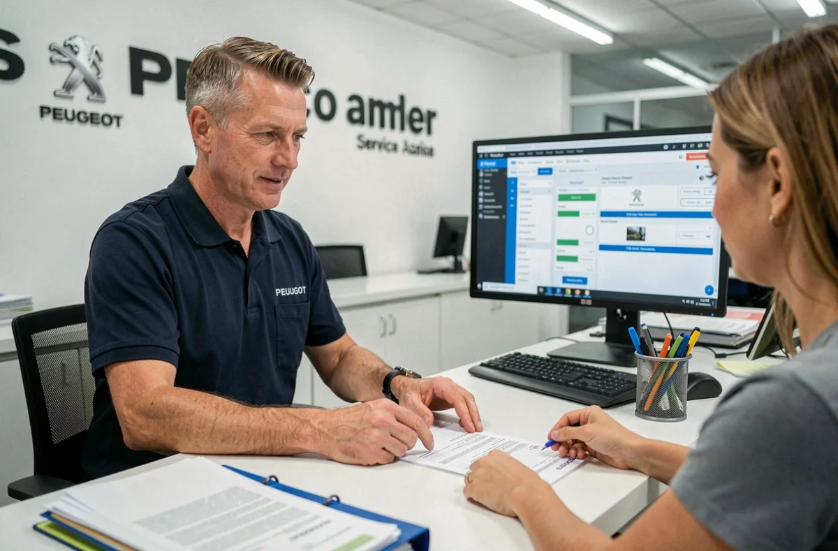 Conseiller du service après-vente Peugeot assistant un client avec des formulaires et des démarches administratives à l'accueil d'un centre de service