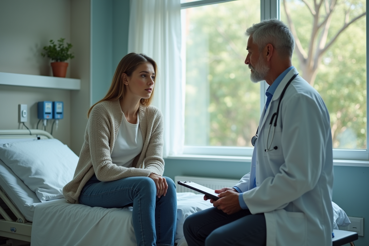 Jeune femme en consultation avec un médecin dans une chambre d