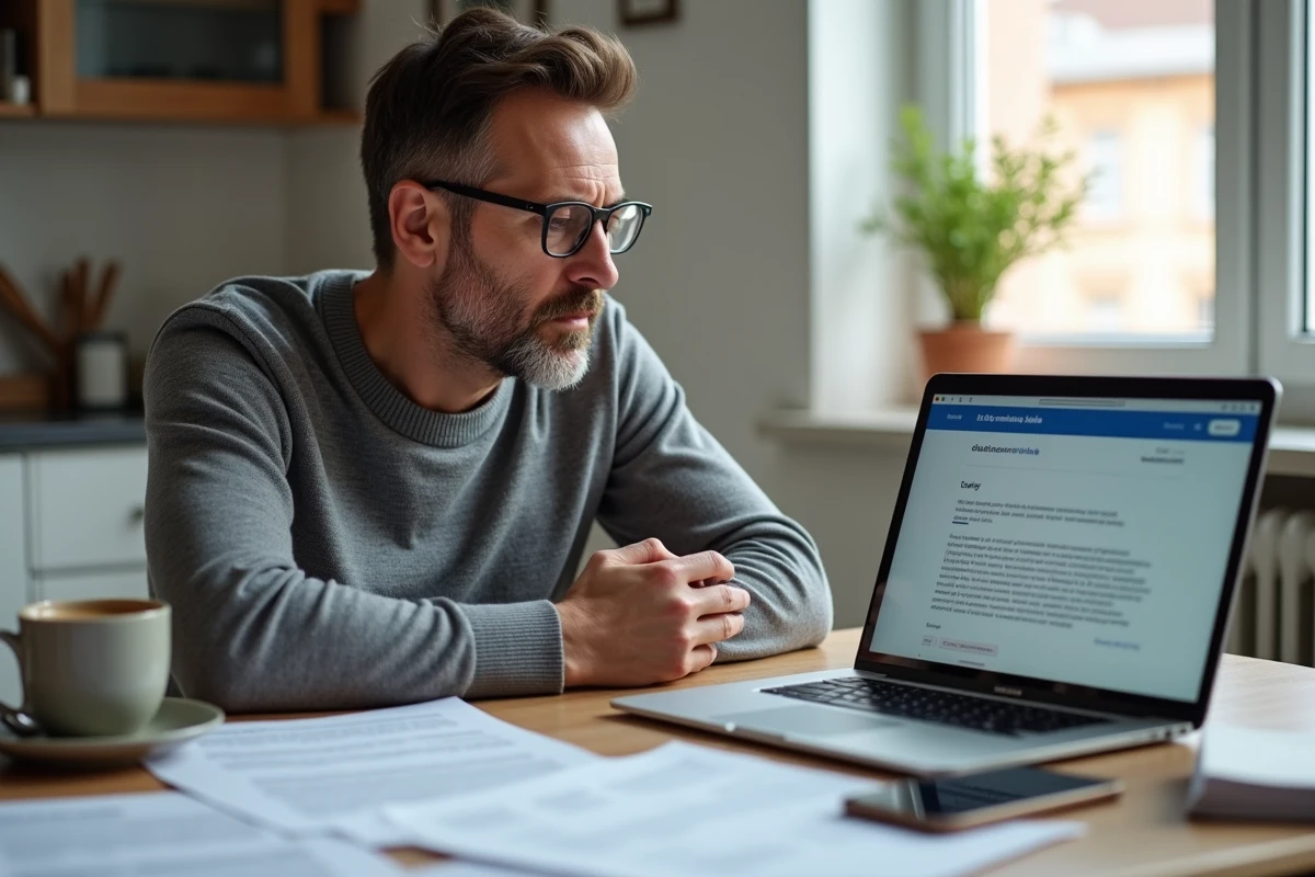 Homme consultant des documents d'amende italienne et un site officiel sur son ordinateur portable
