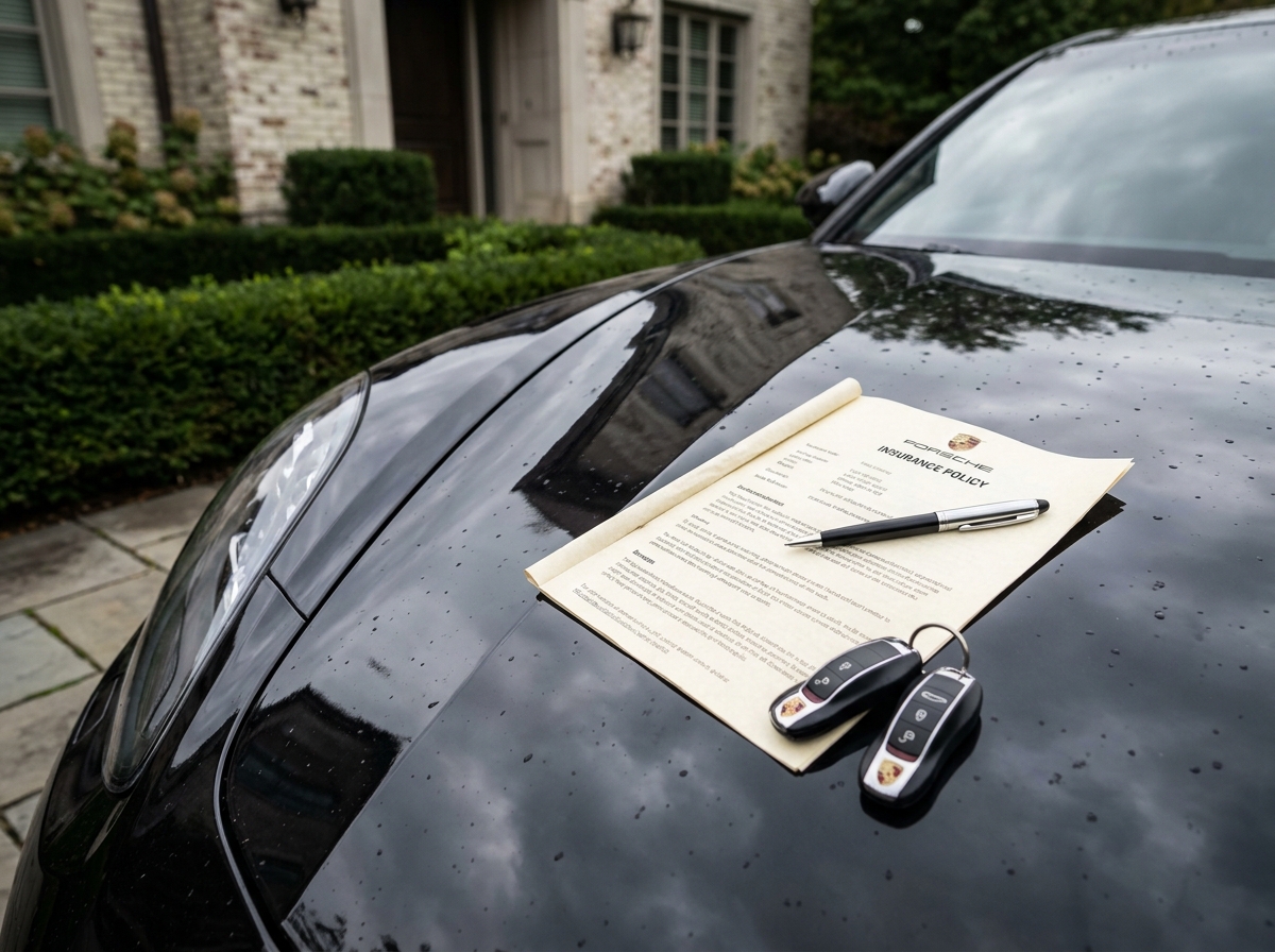Document d'assurance et clés posés sur le capot d'une Porsche Panamera noire dans une allée résidentielle