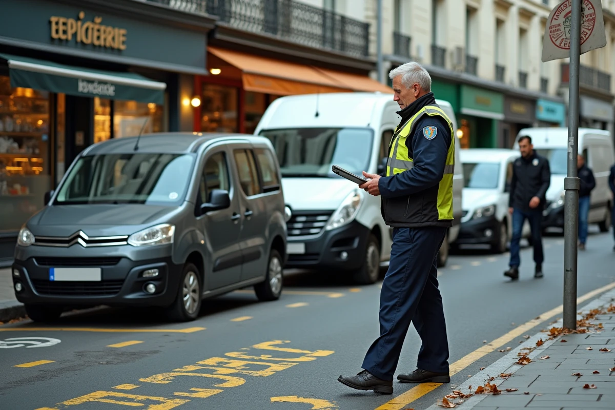 Agent de la ville contrôlant un véhicule particulier stationné sur une zone de livraison à pointillés jaunes à Paris